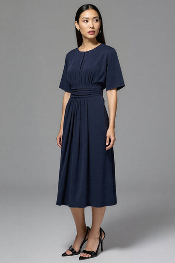 A Line Navy Ruched Round Neck Half Sleeves Long Work Dress
